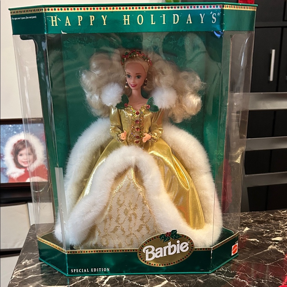 1994 Barbie Holiday Special Edition Doll - Gold and White Elegance- w/faux fur